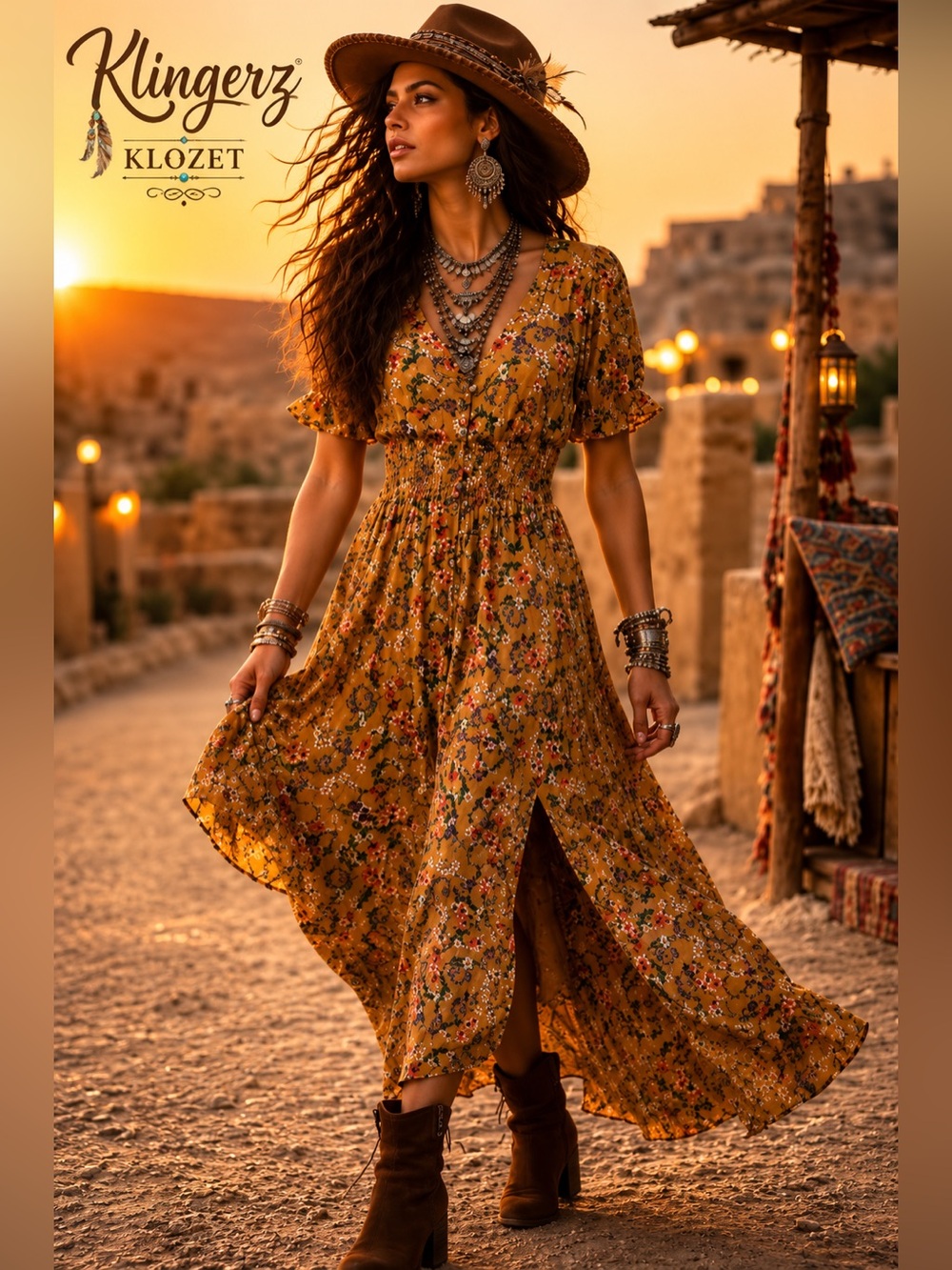 Mustard boho Floral V-Neck Maxi Dress by Baltic Born